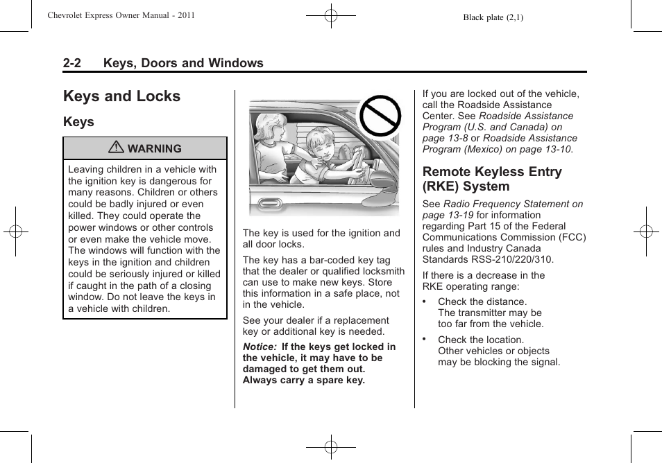 Keys and locks, Keys, Remote keyless entry (rke) system | Keys and locks -2, Storage, Keys -2 remote keyless entry (rke), System -2 | CHEVROLET 2011 Express User Manual | Page 30 / 424