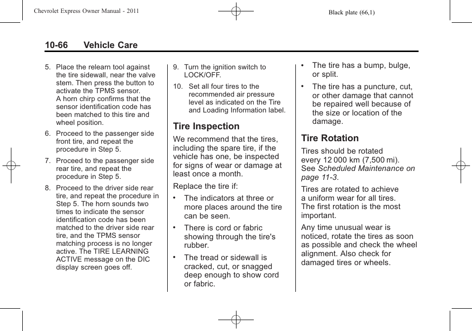 Tire inspection, Tire rotation, Tire inspection -66 tire rotation -66 | 66 vehicle care | CHEVROLET 2011 Express User Manual | Page 336 / 424