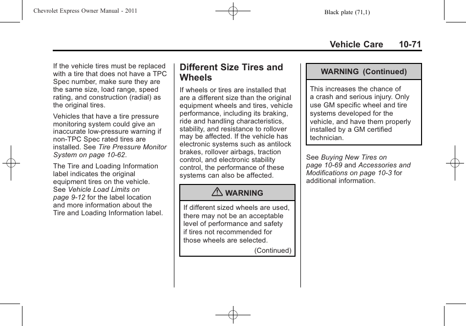 Different size tires and wheels, Different size tires and, Wheels -71 | CHEVROLET 2011 Express User Manual | Page 341 / 424