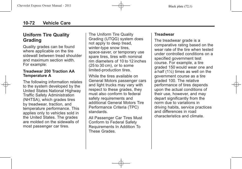 Uniform tire quality grading, Uniform tire quality, Grading -72 | Towing | CHEVROLET 2011 Express User Manual | Page 342 / 424