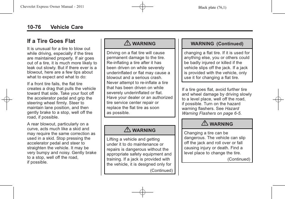 If a tire goes flat, If a tire goes flat -76 | CHEVROLET 2011 Express User Manual | Page 346 / 424