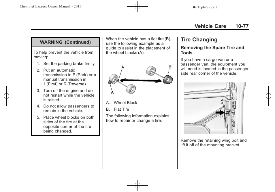 Tire changing, Tire changing -77, Vehicle care 10-77 | CHEVROLET 2011 Express User Manual | Page 347 / 424