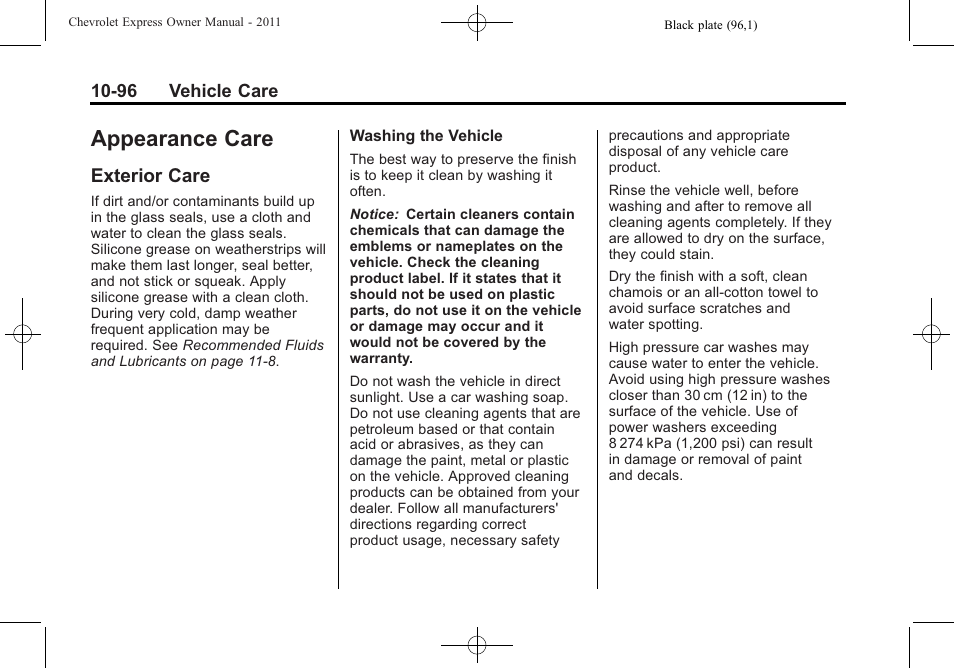 Appearance care, Exterior care, Appearance care -96 | Privacy -17, Exterior care -96 | CHEVROLET 2011 Express User Manual | Page 366 / 424