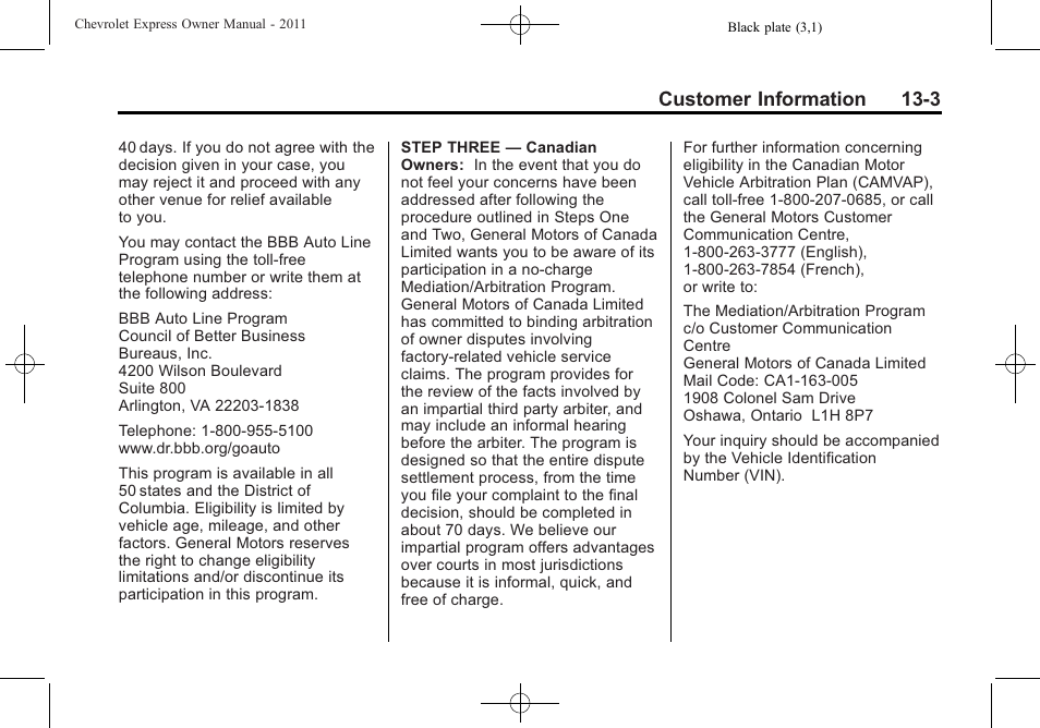 Customer information 13-3 | CHEVROLET 2011 Express User Manual | Page 395 / 424