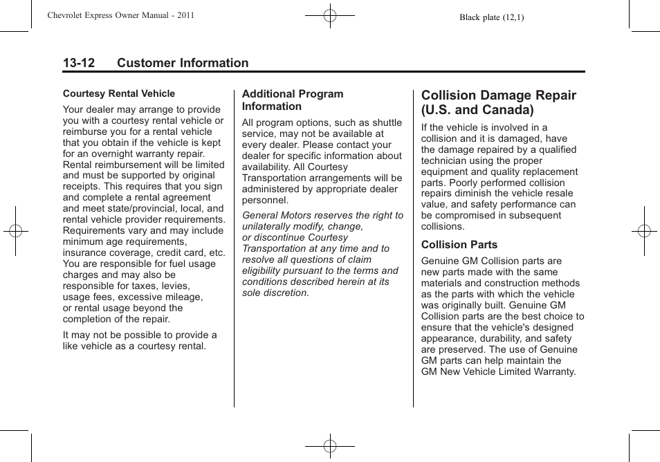 Collision damage repair (u.s. and canada), Collision damage repair, U.s. and canada) -12 | CHEVROLET 2011 Express User Manual | Page 404 / 424