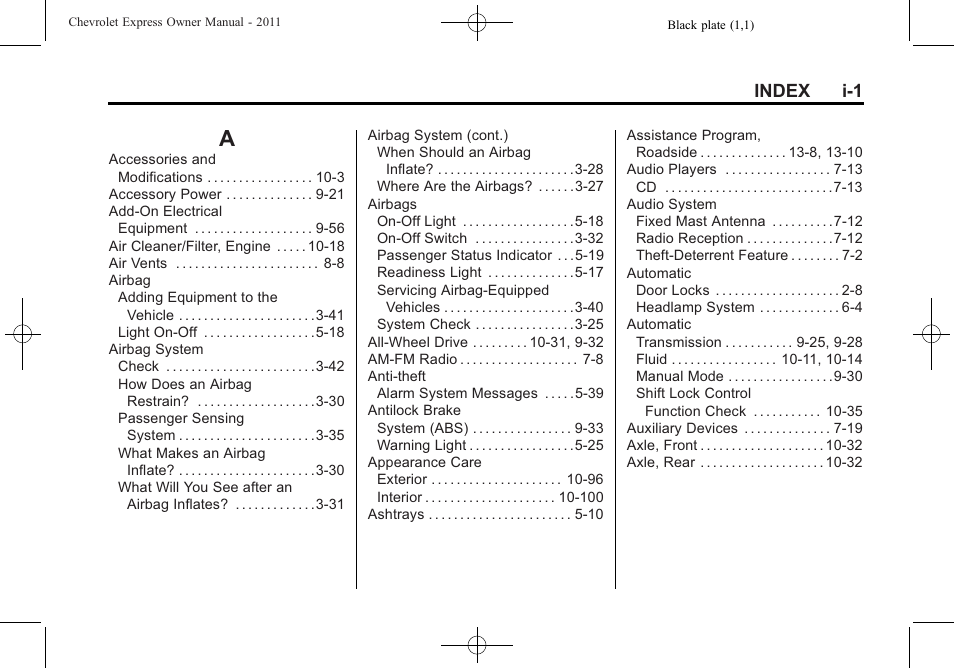 Index, Index_a, Index i-1 | CHEVROLET 2011 Express User Manual | Page 413 / 424