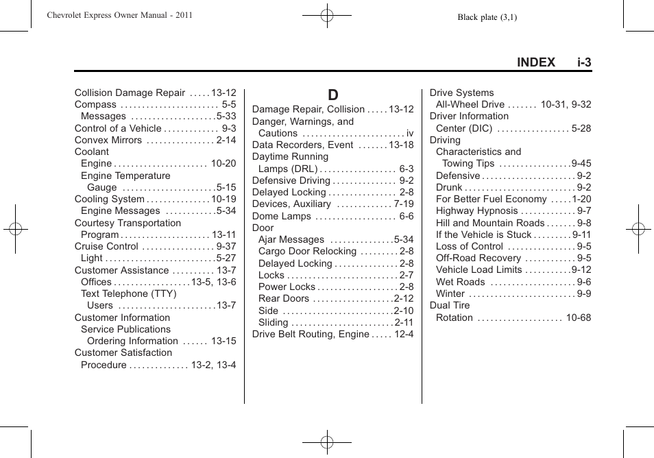 Index_d, Index i-3 | CHEVROLET 2011 Express User Manual | Page 415 / 424