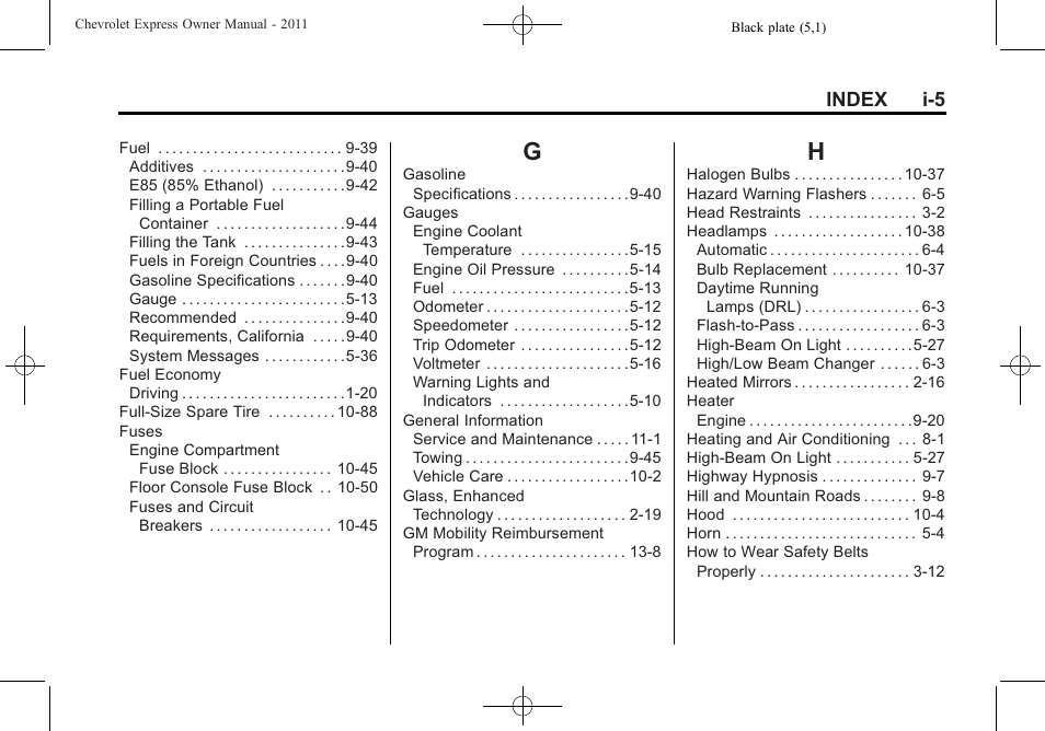 Index_g, Index_h, Index i-5 | CHEVROLET 2011 Express User Manual | Page 417 / 424