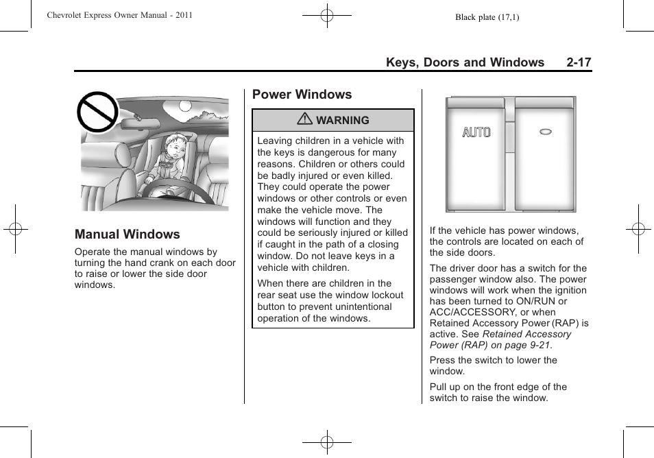 Manual windows, Power windows, Manual windows -17 power windows -17 | CHEVROLET 2011 Express User Manual | Page 45 / 424