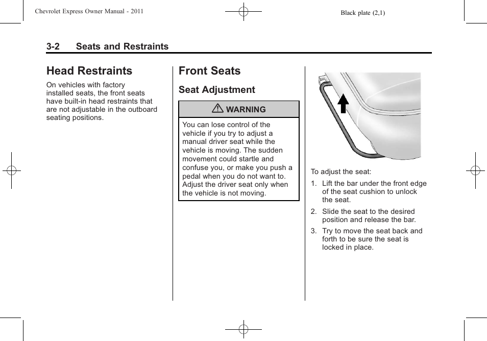 Head restraints, Front seats, Seat adjustment | Head restraints -2, Seat adjustment -2 | CHEVROLET 2011 Express User Manual | Page 50 / 424