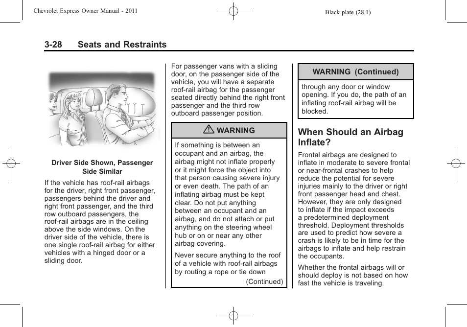 When should an airbag inflate, When should an airbag, Inflate? -28 | CHEVROLET 2011 Express User Manual | Page 76 / 424