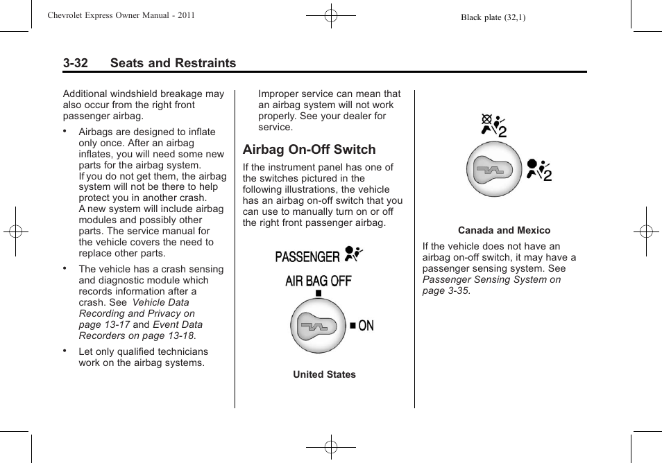 Airbag on-off switch, Airbag on-off switch on, Airbag on-off switch -32 | 32 seats and restraints | CHEVROLET 2011 Express User Manual | Page 80 / 424