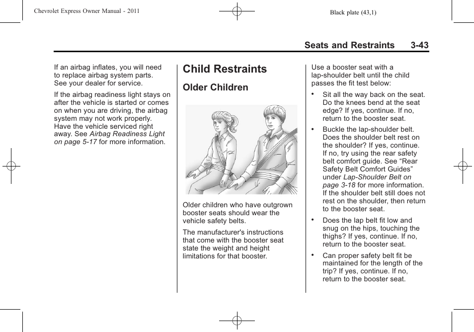 Child restraints, Older children, Child restraints -43 | Introduction, Older children -43, Seats and restraints 3-43 | CHEVROLET 2011 Express User Manual | Page 91 / 424