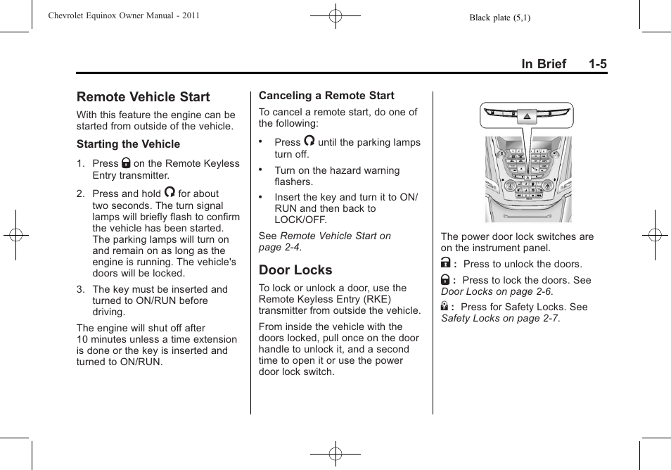 Remote vehicle start, Door locks, Remote vehicle start -5 door locks -5 | Bluetooth | CHEVROLET 2011 Equinox User Manual | Page 11 / 416