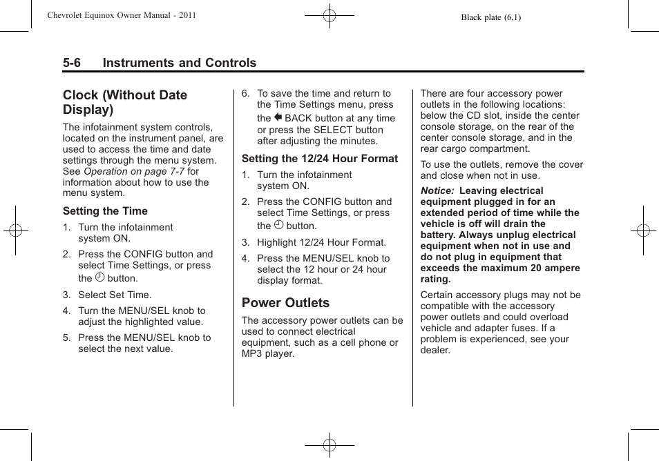 Clock (without date display), Power outlets, Clock (without date | Display) -6, Power outlets -6 | CHEVROLET 2011 Equinox User Manual | Page 122 / 416