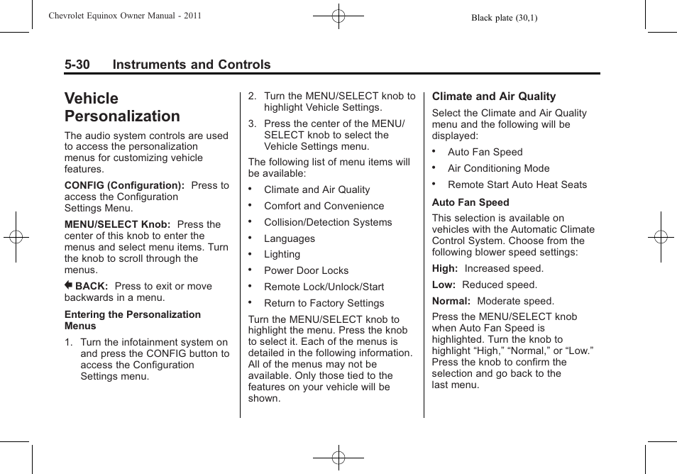 Vehicle personalization, Personalization -30, Brakes | Vehicle personalization -30, 30 instruments and controls | CHEVROLET 2011 Equinox User Manual | Page 146 / 416