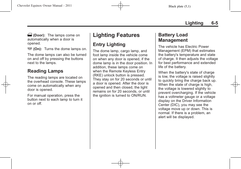 Reading lamps, Lighting features, Entry lighting | Battery load management, Lighting features -5, Towing, Reading lamps -5, Entry lighting -5 battery load management -5 | CHEVROLET 2011 Equinox User Manual | Page 155 / 416