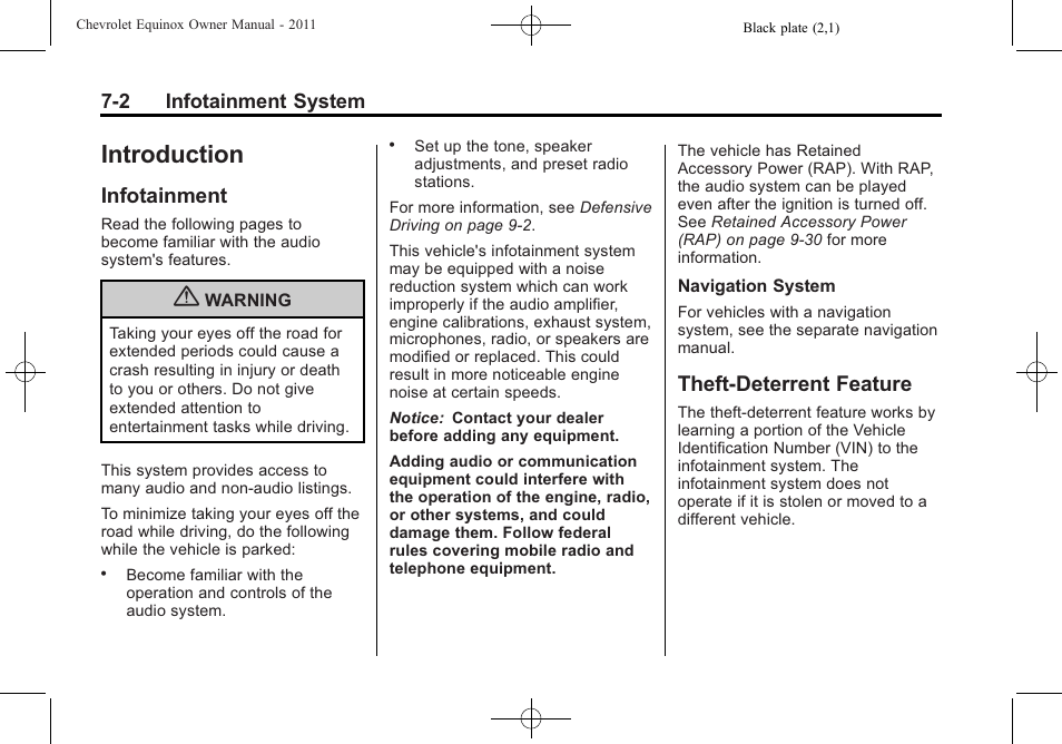 Introduction, Infotainment, Theft-deterrent feature | Introduction -2, Vehicle care, Infotainment -2 theft-deterrent feature -2 | CHEVROLET 2011 Equinox User Manual | Page 158 / 416