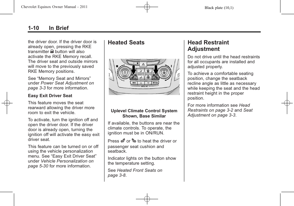 Heated seats, Head restraint adjustment, Heated seats -10 head restraint | Adjustment -10 | CHEVROLET 2011 Equinox User Manual | Page 16 / 416