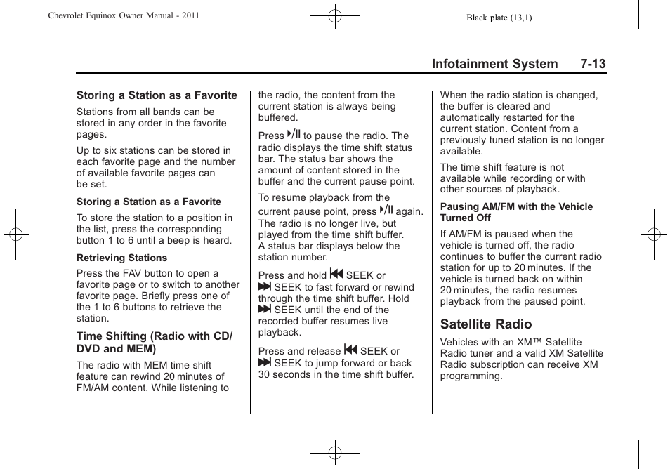 Satellite radio, Satellite radio -13 | CHEVROLET 2011 Equinox User Manual | Page 169 / 416