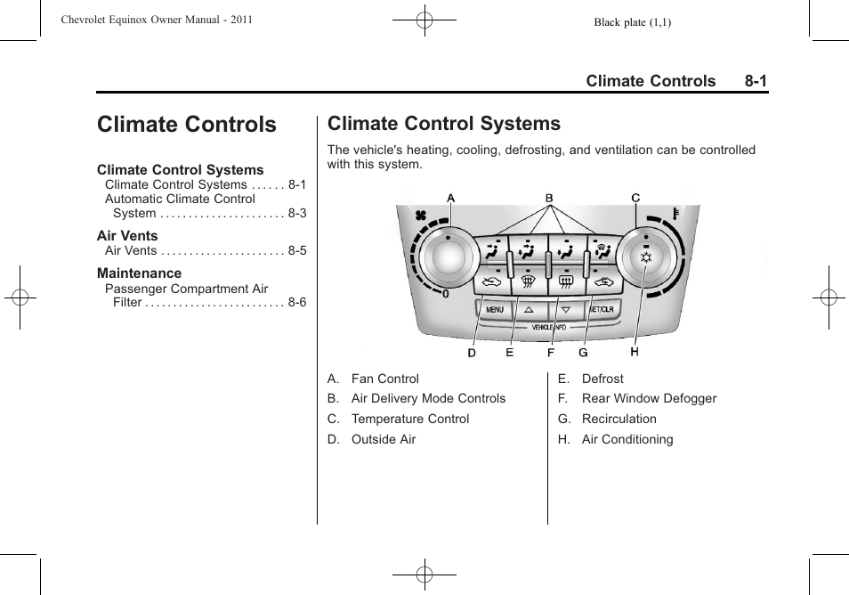 Climate controls, Climate control systems, Climate controls -1 | Control systems -1 | CHEVROLET 2011 Equinox User Manual | Page 217 / 416