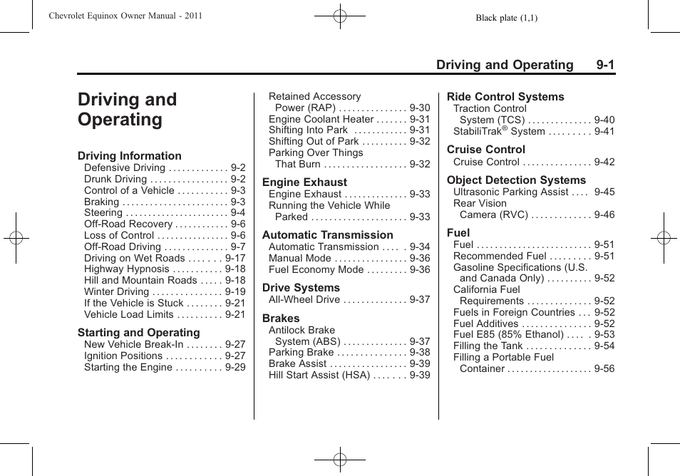 Driving and operating, Driving and operating -1, Driving and operating 9-1 | CHEVROLET 2011 Equinox User Manual | Page 223 / 416