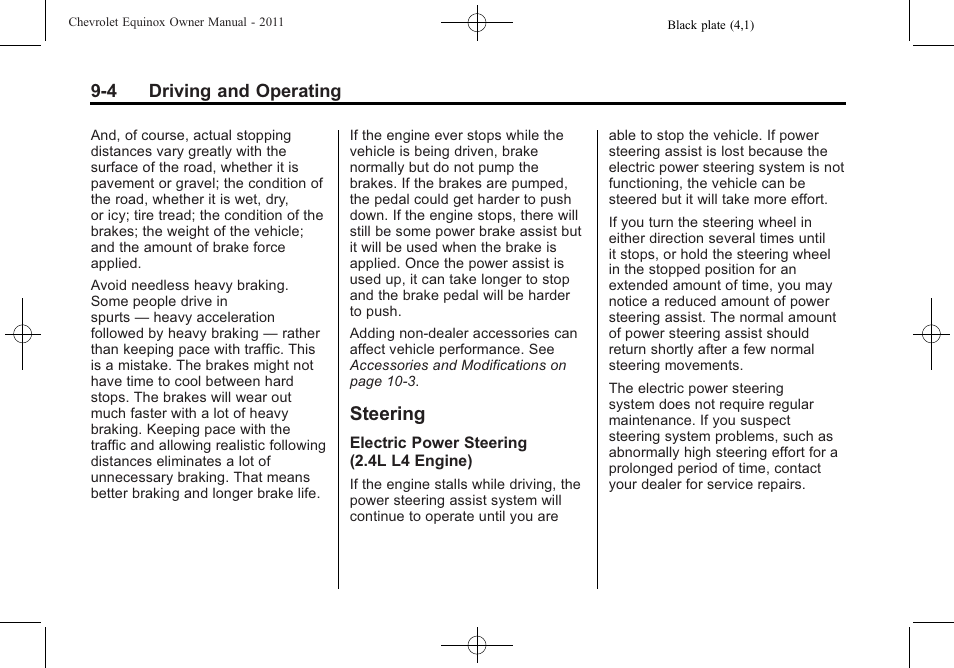 Steering, Steering -4, Parked | CHEVROLET 2011 Equinox User Manual | Page 226 / 416