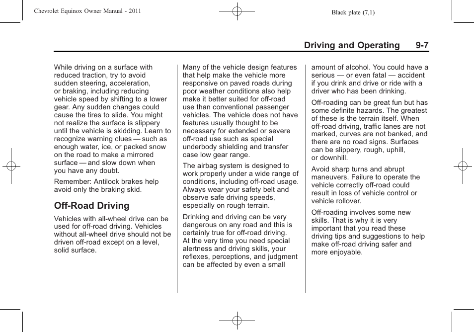 Off-road driving, Off-road driving -7, Automatic transmission | CHEVROLET 2011 Equinox User Manual | Page 229 / 416