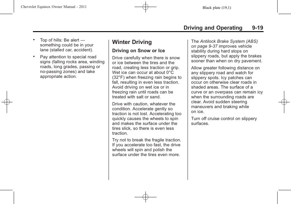 Winter driving, Winter driving -19, Drive | Driving and operating 9-19 | CHEVROLET 2011 Equinox User Manual | Page 241 / 416