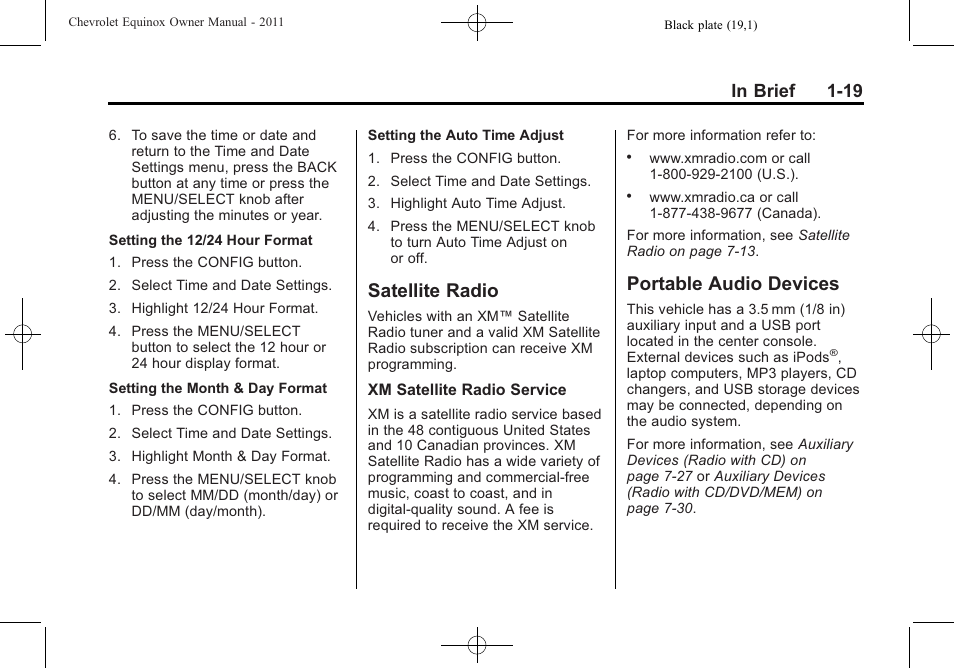 Satellite radio, Portable audio devices, Satellite radio -19 portable audio devices -19 | CHEVROLET 2011 Equinox User Manual | Page 25 / 416