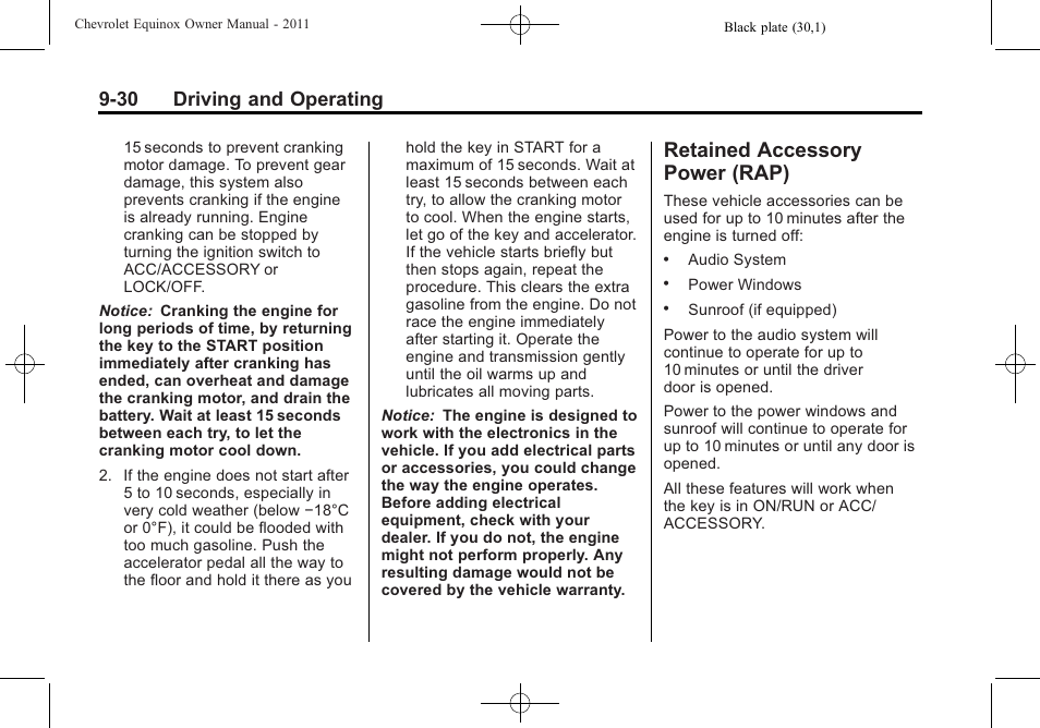 Retained accessory power (rap), Retained accessory, Power (rap) -30 | 30 driving and operating | CHEVROLET 2011 Equinox User Manual | Page 252 / 416