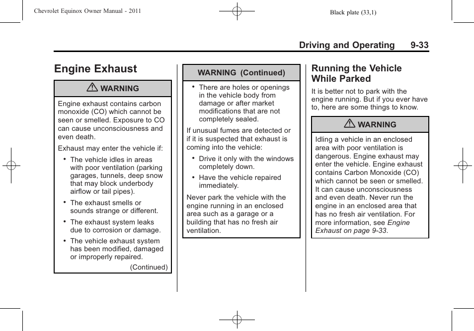 Engine exhaust, Running the vehicle while parked, Engine exhaust -33 running the vehicle while | Driving and operating 9-33 | CHEVROLET 2011 Equinox User Manual | Page 255 / 416