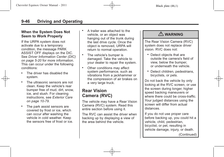 Rear vision camera (rvc), Rear vision, Camera (rvc) -46 | 46 driving and operating | CHEVROLET 2011 Equinox User Manual | Page 268 / 416