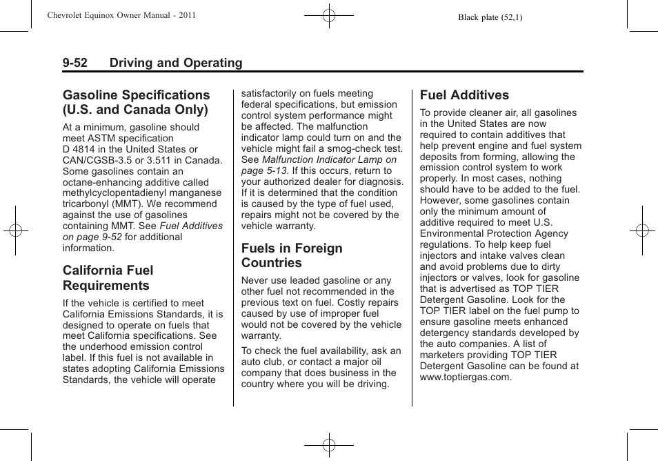 Gasoline specifications (u.s. and canada only), California fuel requirements, Fuels in foreign countries | Fuel additives, Gasoline specifications (u.s, And canada only) -52, California fuel, Requirements -52, Fuels in foreign countries -52 fuel additives -52 | CHEVROLET 2011 Equinox User Manual | Page 274 / 416
