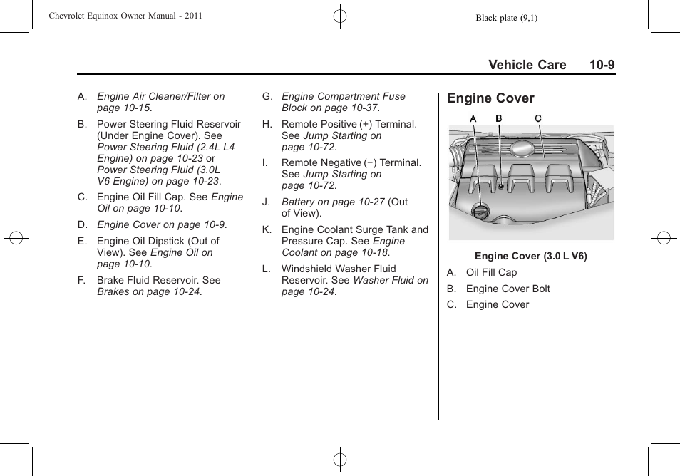 Engine cover, Engine cover -9, Vehicle care 10-9 | CHEVROLET 2011 Equinox User Manual | Page 295 / 416