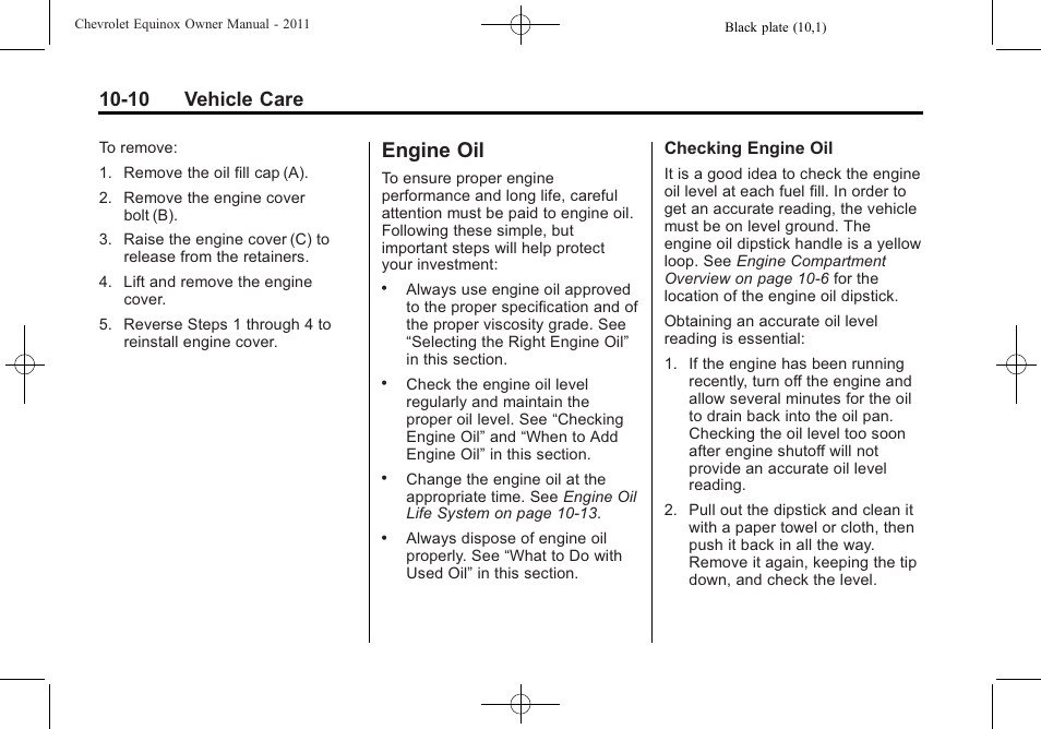 Engine oil, Engine oil -10, Park brake | Engine, 10 vehicle care | CHEVROLET 2011 Equinox User Manual | Page 296 / 416