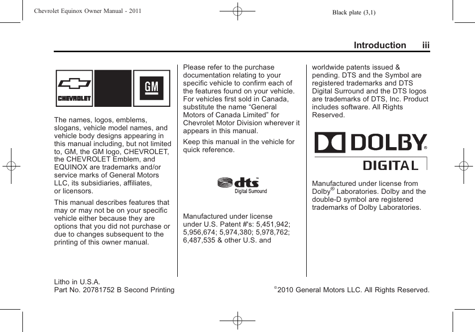 Introduction, Introduction iii | CHEVROLET 2011 Equinox User Manual | Page 3 / 416