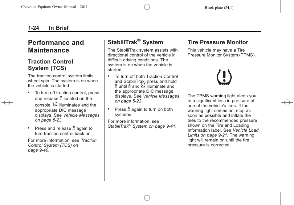 Performance and maintenance, Traction control system (tcs), Stabilitrak® system | Tire pressure monitor, Performance and, Maintenance -24, Instruments and controls, Traction control, System (tcs) -24, Stabilitrak | CHEVROLET 2011 Equinox User Manual | Page 30 / 416