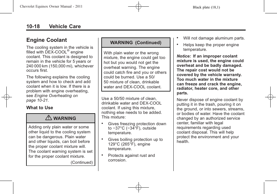 Engine coolant, Engine coolant -18, 18 vehicle care | CHEVROLET 2011 Equinox User Manual | Page 304 / 416