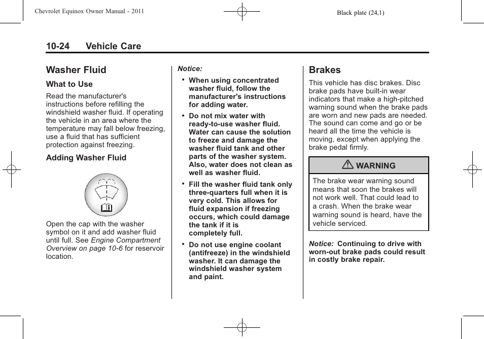 Washer fluid, Brakes, Washer fluid -24 brakes -24 | Taillamps, 24 vehicle care | CHEVROLET 2011 Equinox User Manual | Page 310 / 416