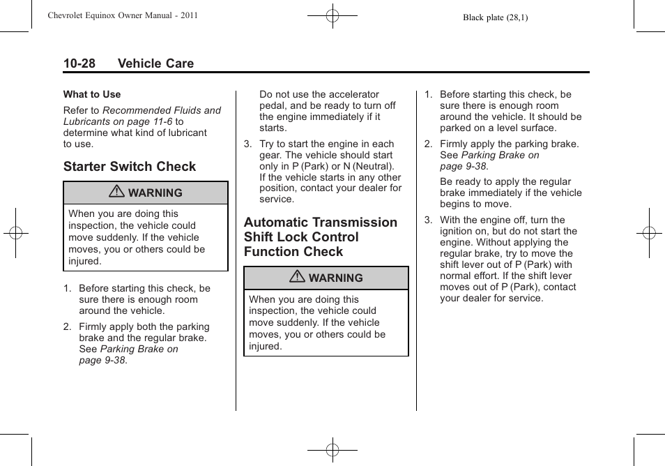 Starter switch check, Lock control function check -28 | CHEVROLET 2011 Equinox User Manual | Page 314 / 416