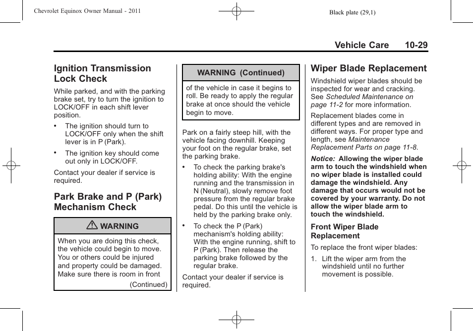 Ignition transmission lock check, Park brake and p (park) mechanism check, Wiper blade replacement | Ignition transmission lock, Check -29, And p (park), Mechanism check -29, Wiper blade, Replacement -29, Vehicle care 10-29 | CHEVROLET 2011 Equinox User Manual | Page 315 / 416