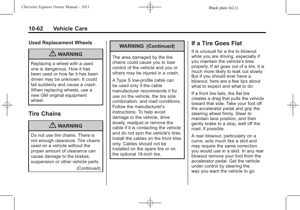 Tire chains, If a tire goes flat, Tire chains -62 if a tire goes flat -62 | CHEVROLET 2011 Equinox User Manual | Page 348 / 416