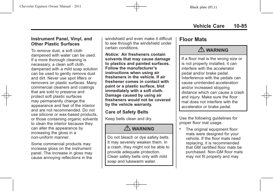 Floor mats, Floor mats -85 | CHEVROLET 2011 Equinox User Manual | Page 371 / 416