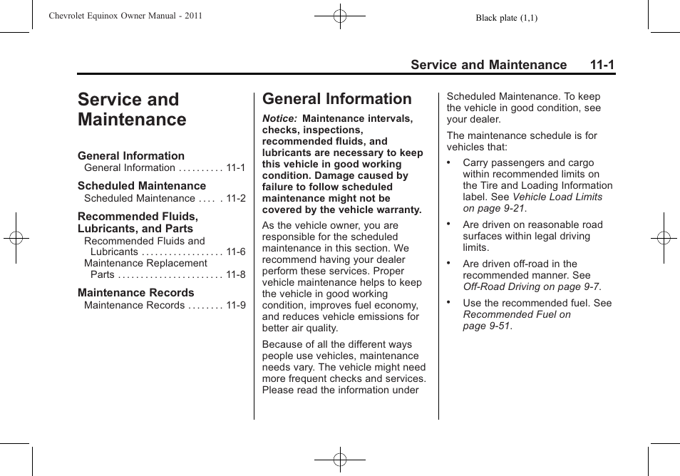 Service and maintenance, General information, And maintenance -1 | Service and maintenance 11-1 | CHEVROLET 2011 Equinox User Manual | Page 373 / 416