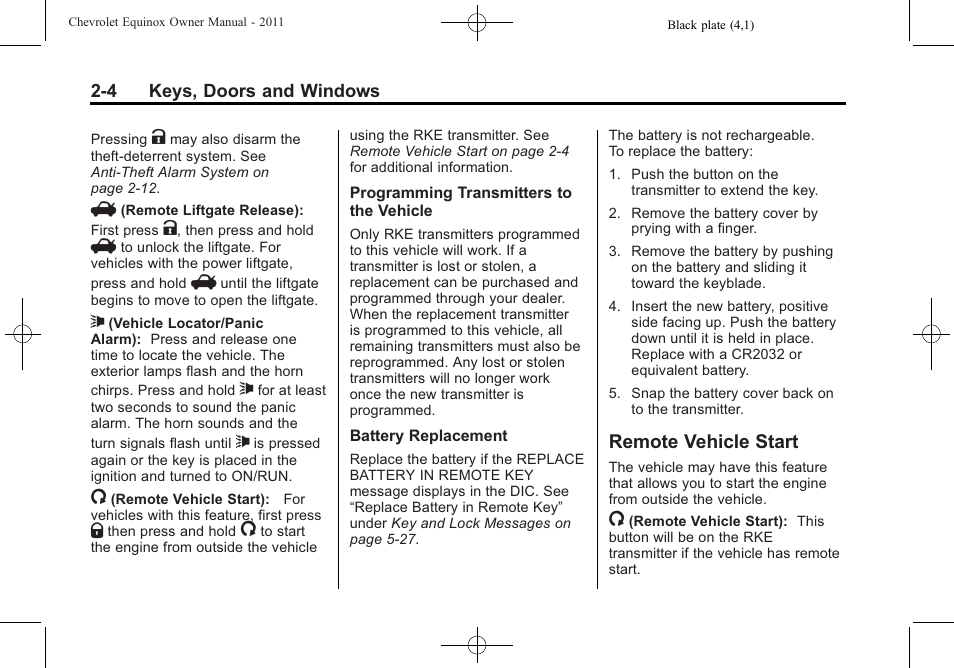 Remote vehicle start, Remote vehicle start -4 | CHEVROLET 2011 Equinox User Manual | Page 38 / 416