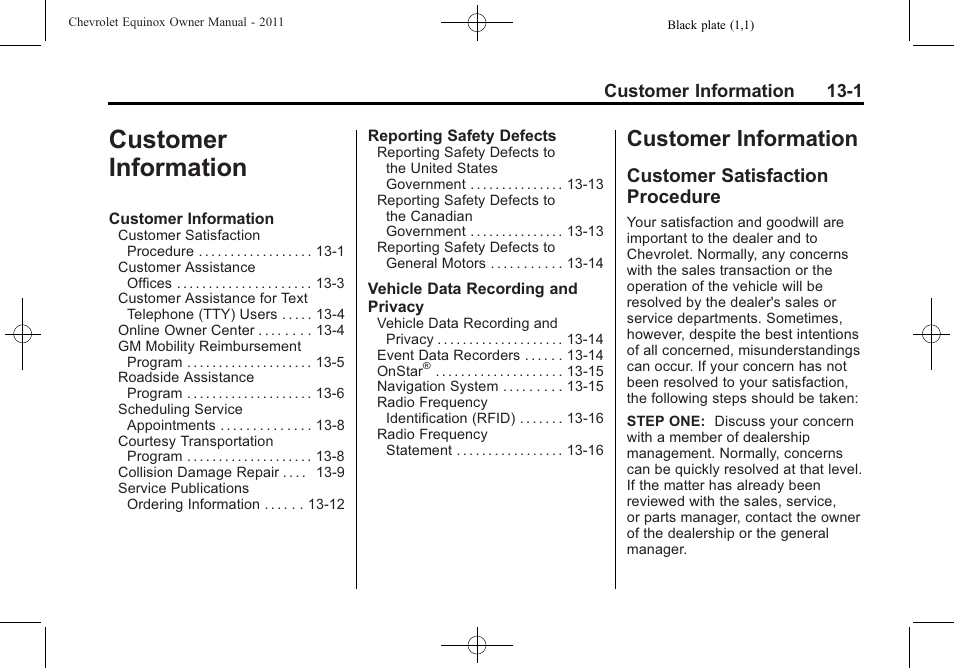 Customer information, Customer satisfaction procedure, Customer information -1 | CHEVROLET 2011 Equinox User Manual | Page 389 / 416