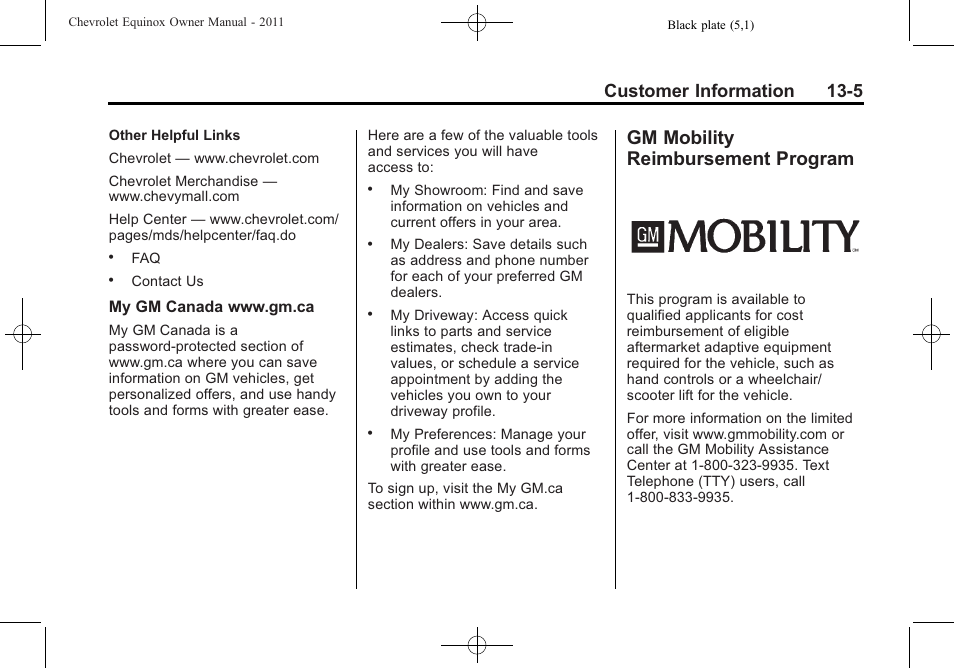 Gm mobility reimbursement program, Gm mobility reimbursement, Program -5 | Customer information 13-5 | CHEVROLET 2011 Equinox User Manual | Page 393 / 416