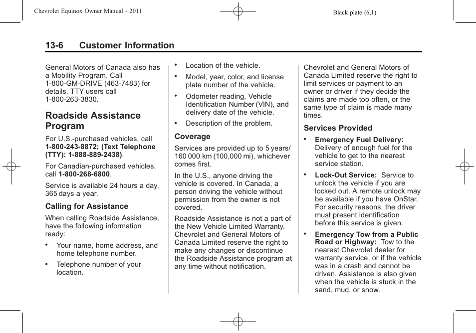 Roadside assistance program, Roadside assistance, Program -6 | Navigation, 6 customer information | CHEVROLET 2011 Equinox User Manual | Page 394 / 416