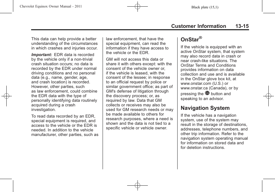 Onstar, Navigation system, System -15 | CHEVROLET 2011 Equinox User Manual | Page 403 / 416